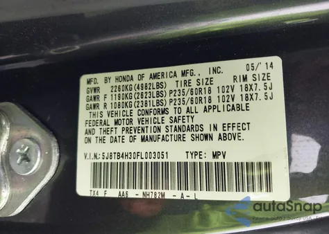 2015 Acura Rdx from USA, damaged, VIN 5J8TB4H30FL003051